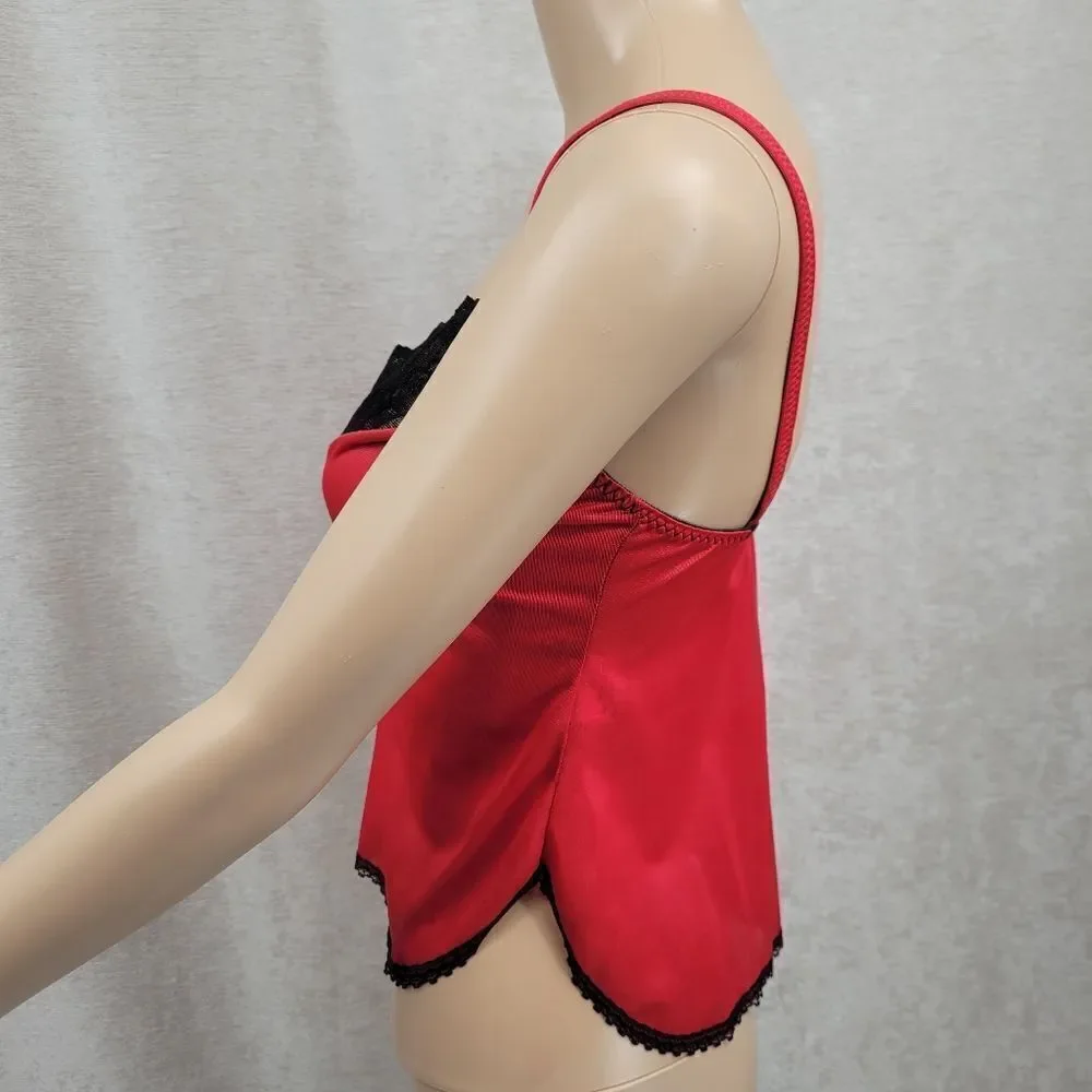 Juliana Vintage Red Nylon and Black Lace Matching Skirt / Cami Set Valentine's